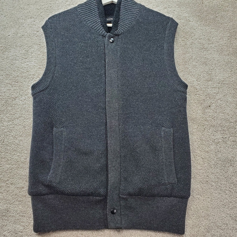Banana Republic Waffle Knit thick Vest Mens M Grey Wool Blend Faux Shearling